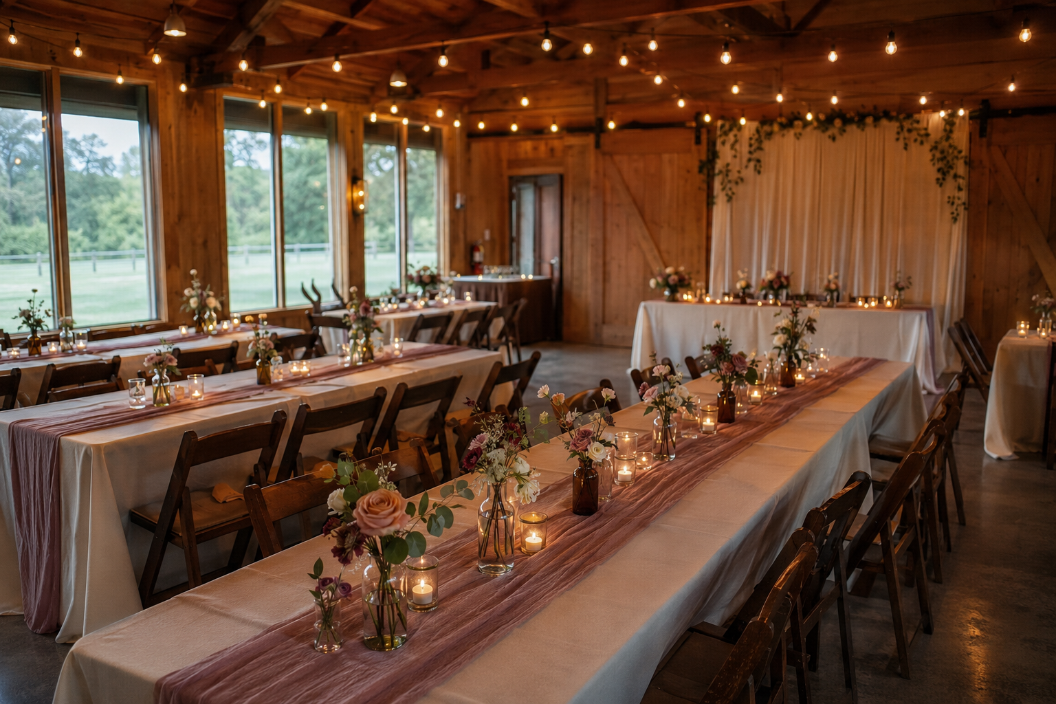 A warmly lit wedding reception space with dusty-rose table runners and floral arrangements